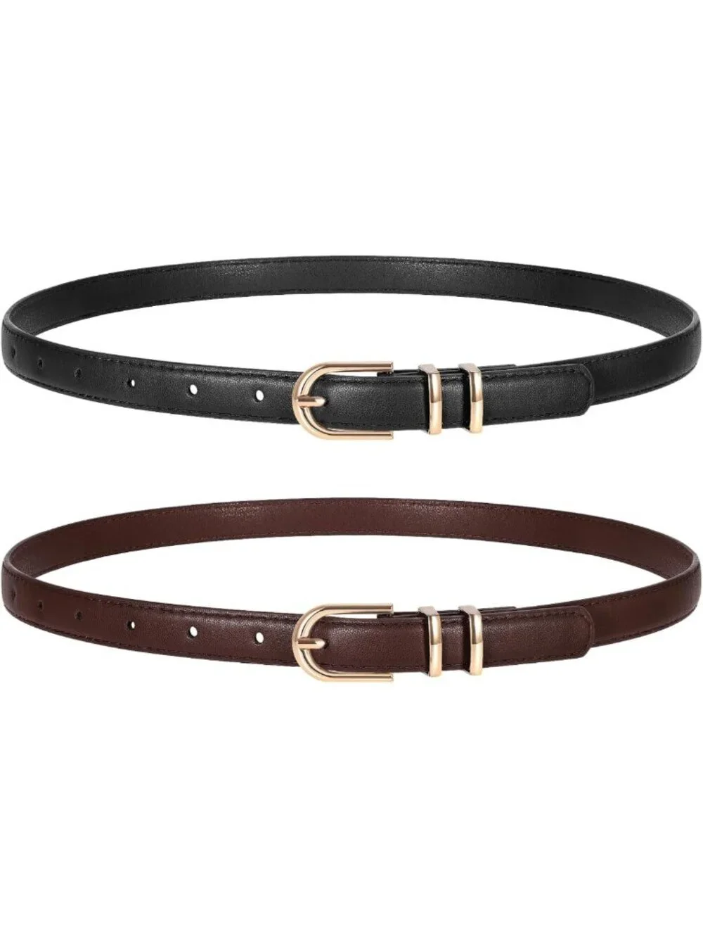 2 Pack Women's Skinny Faux Leather Belts for Jeans with Chic Gold Buckle